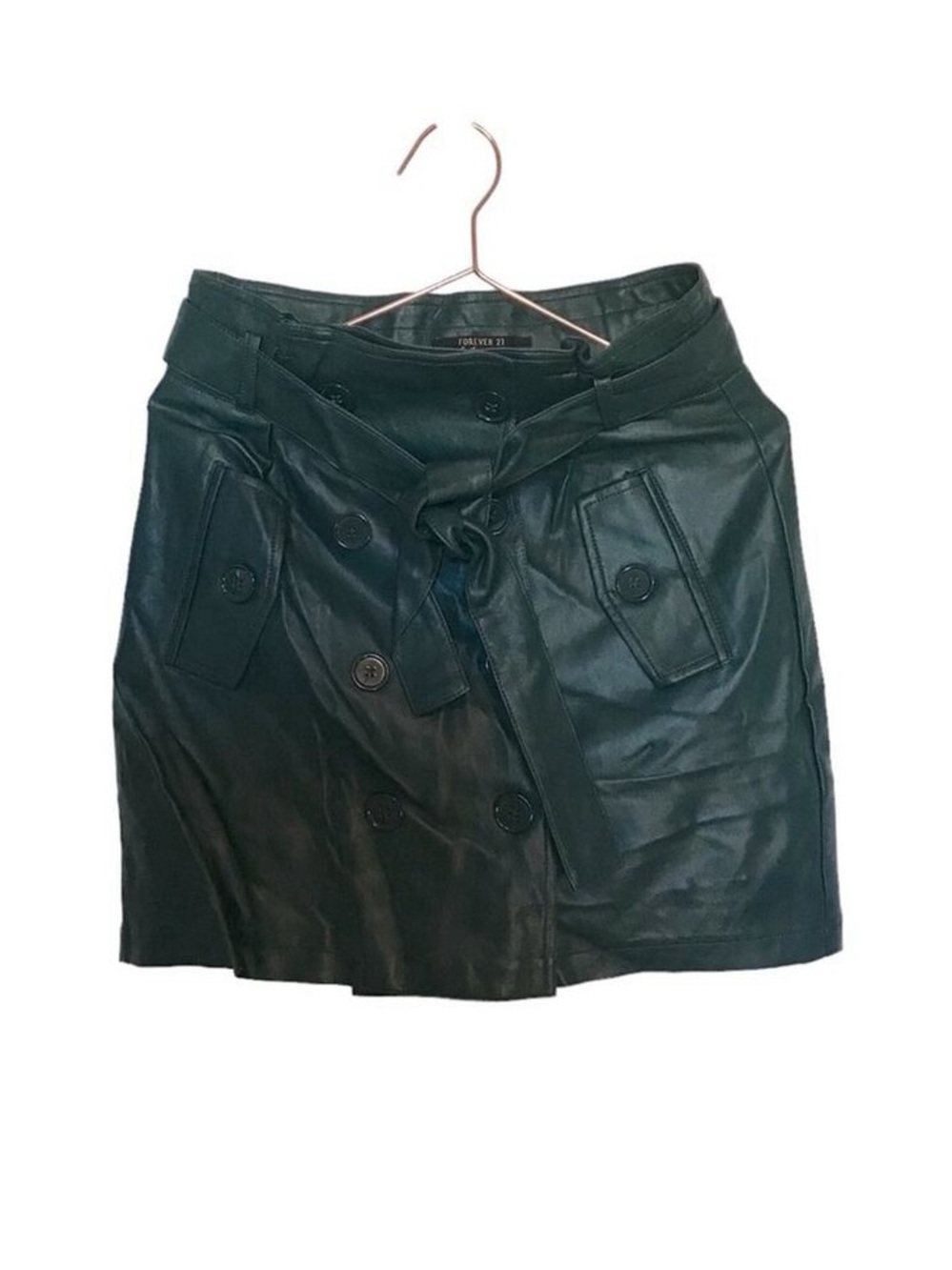 Forever 21 Black Faux Leather Button-Front Mini Skirt with Tie Detail